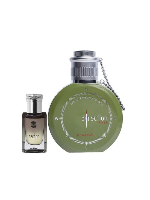 ajmal carbon cp alcohol-free attar 10ml for men and maryaj direction west edp green 100ml for men + 2 parfum testers free - 17122093 - Very Small Image - 1