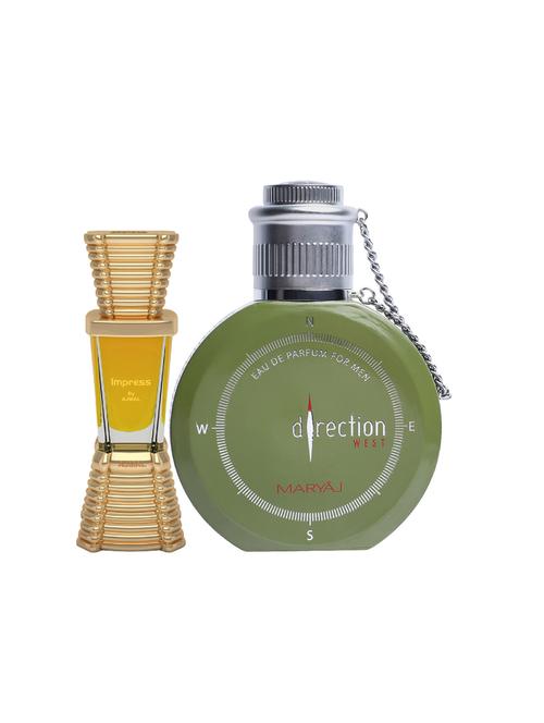 ajmal impress cp alcohol-free attar 10ml for men and maryaj direction west edp green 100ml for men + 2 parfum testers free - 17122094 - Very Small Image - 1