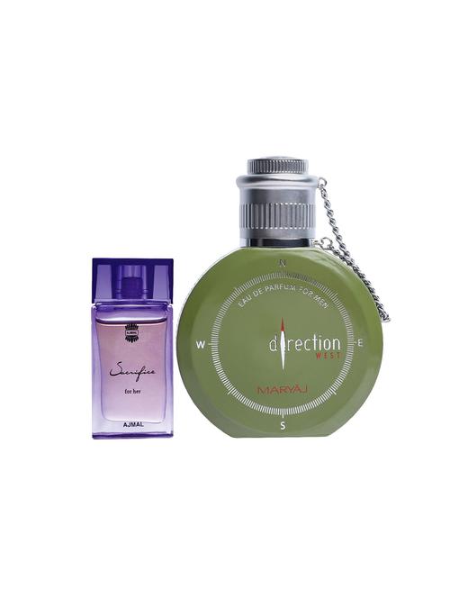 ajmal sacrifice for her cp 10ml for women and maryaj direction west edp green 100ml for men + 2 parfum testers free - 17122101 - Very Small Image - 1