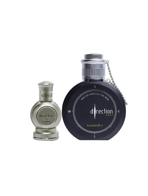 ajmal rose cp musky alcohol-free attar 12ml for unisex and maryaj direction east edp 100ml for men + 2 parfum testers free - 17122104 - Very Small Image - 1