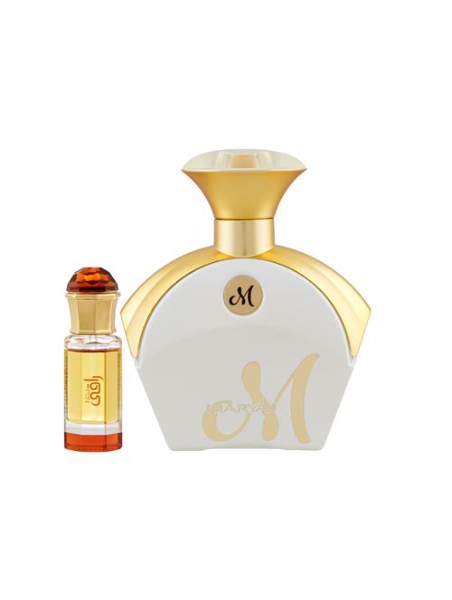 ajmal mukhallat raaqi cp 10ml for unisex and maryaj m white for her edp 90ml for women + 2 parfum testers free - 17122143 - Very Small Image - 1