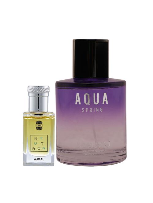 ajmal neutron cp alcohol-free attar 10ml for men and maryaj aqua spring edp 100ml for women + 2 parfum testers free - 17122198 - Very Small Image - 1