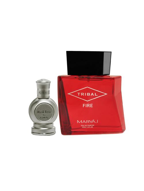 ajmal rose cp musky alcohol-free attar 12ml for unisex and maryaj tribal fire edp 100ml for unisex + 2 parfum testers free - 17122234 - Very Small Image - 1