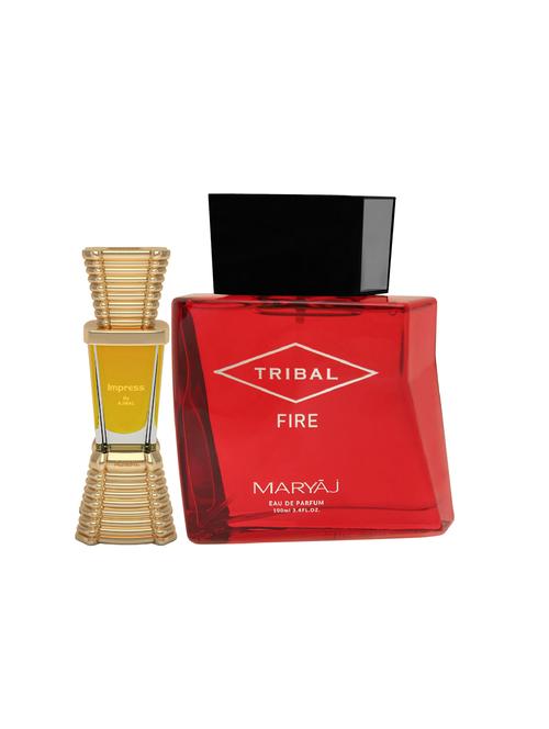 ajmal impress cp alcohol-free attar 10ml for men and maryaj tribal fire edp 100ml for unisex + 2 parfum testers free - 17122240 - Very Small Image - 1