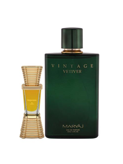 ajmal impress cp alcohol-free attar 10ml for men and maryaj vintage vetiver edp 100ml for unisex + 2 parfum testers free - 17122262 - Very Small Image - 1
