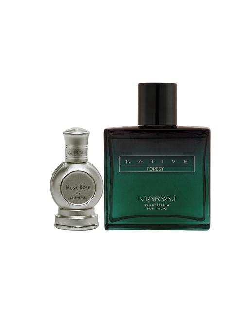 ajmal rose cp musky alcohol-free attar 12ml for unisex and maryaj native forest edp 100ml for unisex + 2 parfum testers free - 17122300 - Very Small Image - 1