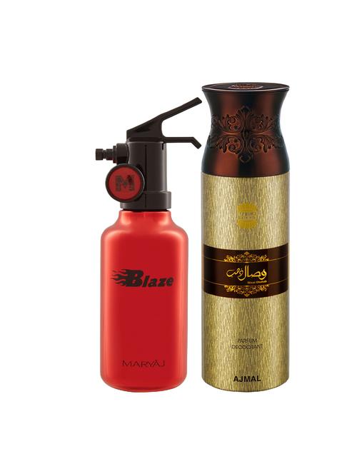 maryaj blaze edp aromatic perfume 100ml for men and ajmal wisal dhahab deodorant 200ml for men + 2 parfum testers free - 17122353 - Very Small Image - 1