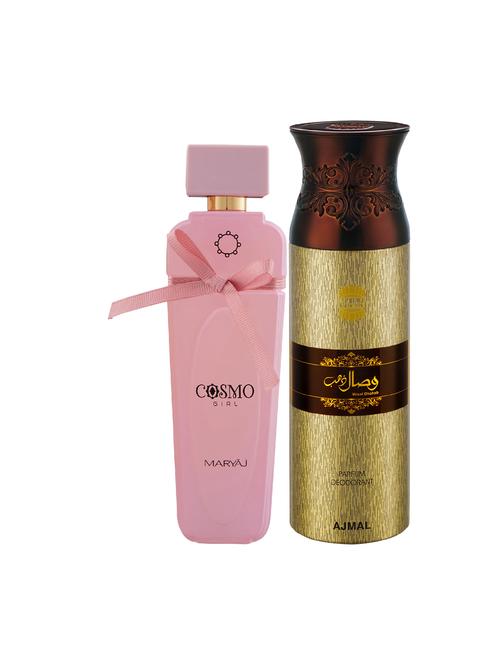 maryaj cosmo girl edp powdery perfume 100ml for women and ajmal wisal dhahab deodorant 200ml for men + 2 parfum testers free - 17122356 - Very Small Image - 1