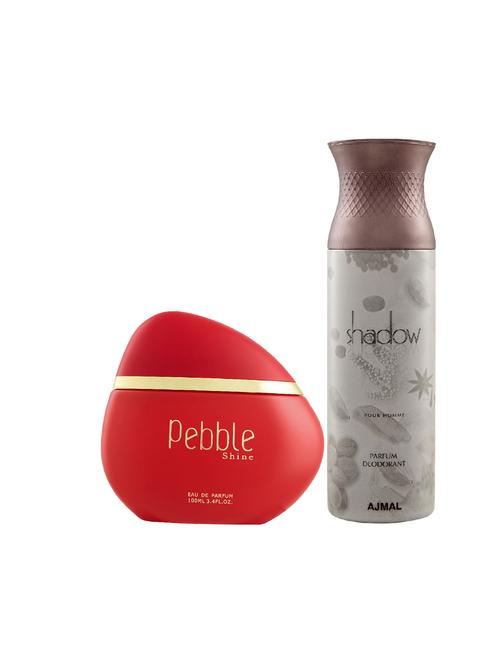maryaj pebble shine edp perfume 100ml for women and ajmal shadow homme deodorant woody 200ml for men + 2 parfum testers free - 17122375 - Very Small Image - 1