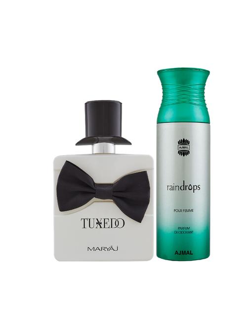 maryaj tuxedo edp spicy 100ml for men and ajmal raindrops femme deodorant 200ml for women + 2 parfum testers free - 17122393 - Very Small Image - 1