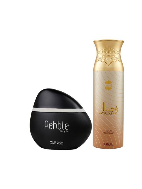 maryaj pebble style edp spicy 100ml for men and ajmal wisal deodorant musky 200ml for women + 2 parfum testers free - 17122418 - Very Small Image - 1