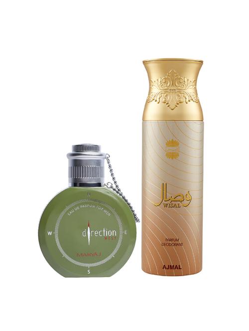 maryaj direction west edp green spicy 100ml for men and ajmal wisal deodorant musky 200ml for women + 2 parfum testers free - 17122429 - Very Small Image - 1