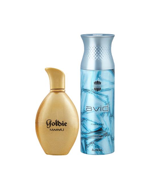maryaj goldie edp perfume 100ml for women and ajmal avid homme deodorant aquatic woody 200ml for men + 2 parfum testers free - 17122436 - Very Small Image - 1