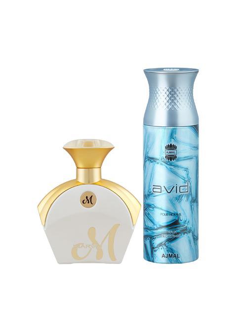 maryaj m white for her edp 90ml for women and ajmal avid homme deodorant 200ml for men + 2 parfum testers free - 17122452 - Very Small Image - 1