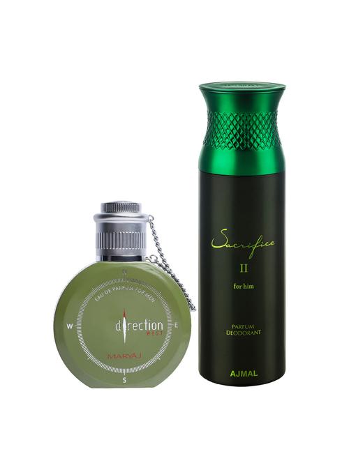maryaj direction west edp green 100ml for men and ajmal sacrifice ii for him deodorant 200ml for men + 2 parfum testers free - 17122492 - Very Small Image - 1