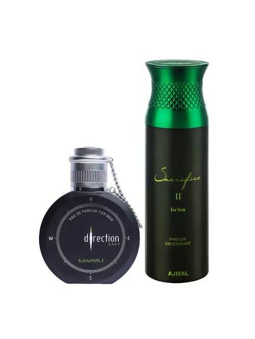 maryaj direction east edp 100ml for men and ajmal sacrifice ii for him deodorant 200ml for men + 2 parfum testers free - 17122493 - Very Small Image - 1
