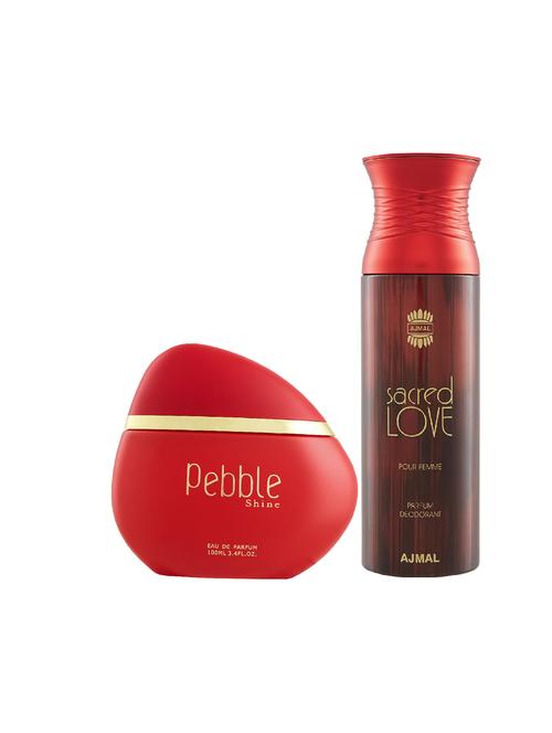maryaj pebble shine edp perfume 100ml for women and ajmal sacred love deodorant musky 200ml for women + 2 parfum testers free - 17122501 - Very Small Image - 1