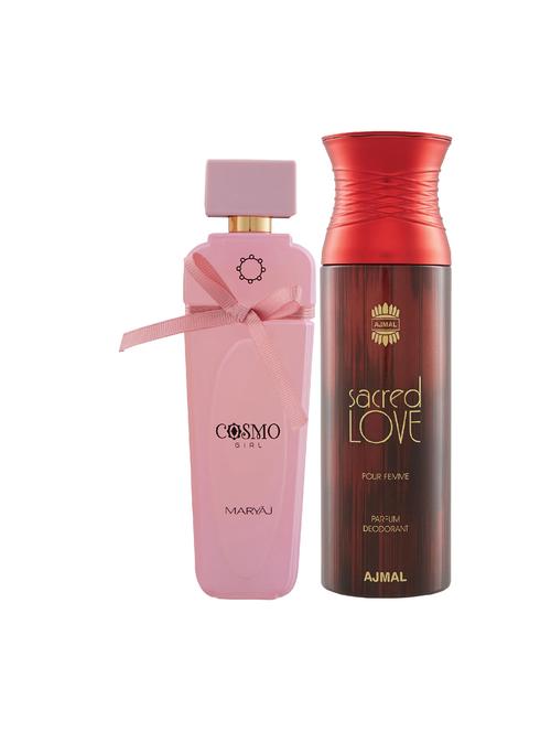 maryaj cosmo girl edp powdery 100ml for women and ajmal sacred love deodorant musky 200ml for women + 2 parfum testers free - 17122503 - Very Small Image - 1