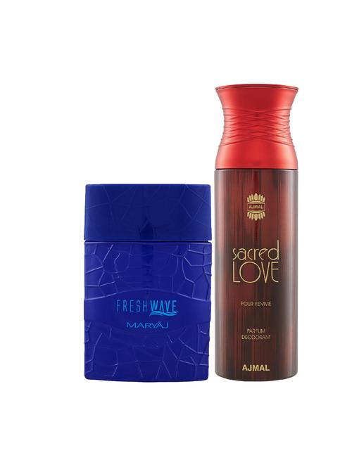 maryaj fresh wave edp 100ml for men and ajmal sacred love deodorant musky 200ml for women + 2 parfum testers free - 17122504 - Very Small Image - 1