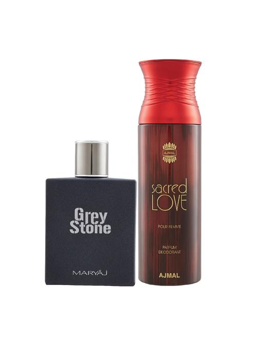 maryaj grey stone edp aromatic 100ml for me and ajmal sacred love deodorant musky 200ml for women + 2 parfum testers free - 17122508 - Very Small Image - 1