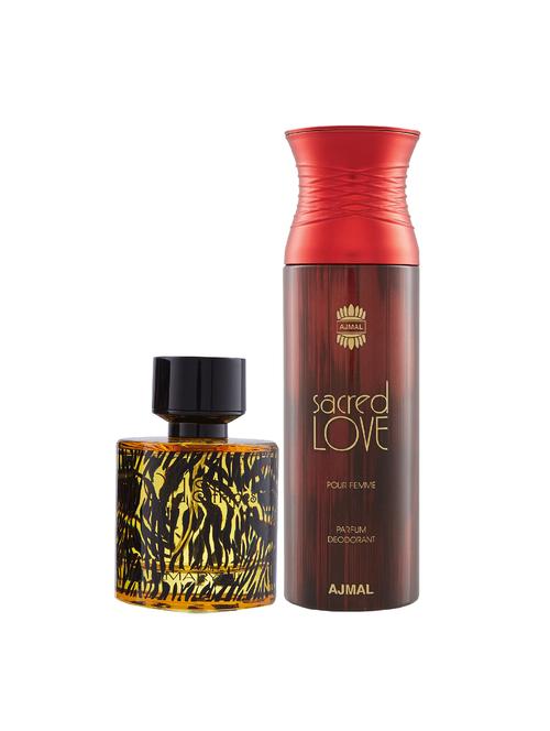 maryaj wild stripes edp oriental 100ml for men and ajmal sacred love deodorant musky 200ml for women + 2 parfum testers free - 17122510 - Very Small Image - 1