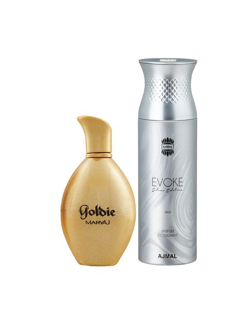 maryaj goldie edp 100ml for women and ajmal evoke silver edition him deodorant spicy 200ml for men + 2 parfum testers free - 17122520 - Very Small Image - 1
