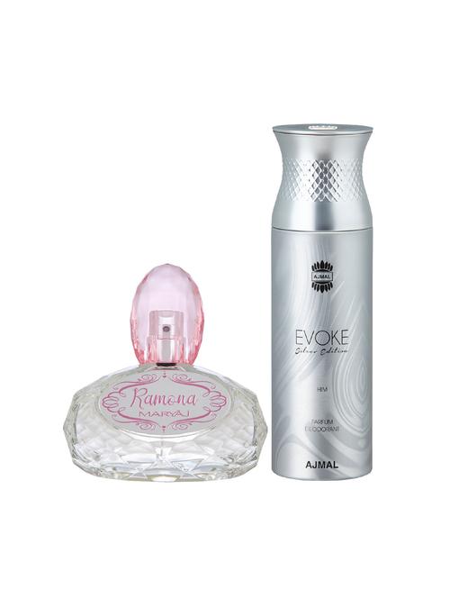 maryaj ramona edp 100ml for women and ajmal evoke silver edition him deodorant spicy 200ml for men + 2 parfum testers free - 17122528 - Very Small Image - 1