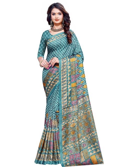 turquoise silk blend printed saree with blouse - 17128274 - Very Small Image - 1