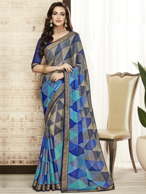 geometric print bordered saree with blouse - 17129021 - Very Small Image - 1