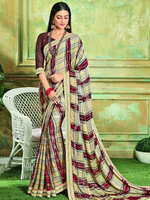 checkered print saree with blouse - 17129032 - Very Small Image - 1