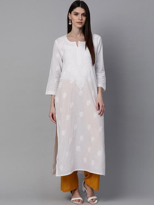 ada hand embroidered white cotton straight kurta - 17131348 - Very Small Image - 1