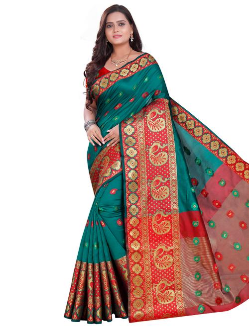 turquoise cotton silk saree with blouse - 17134629 - Very Small Image - 1