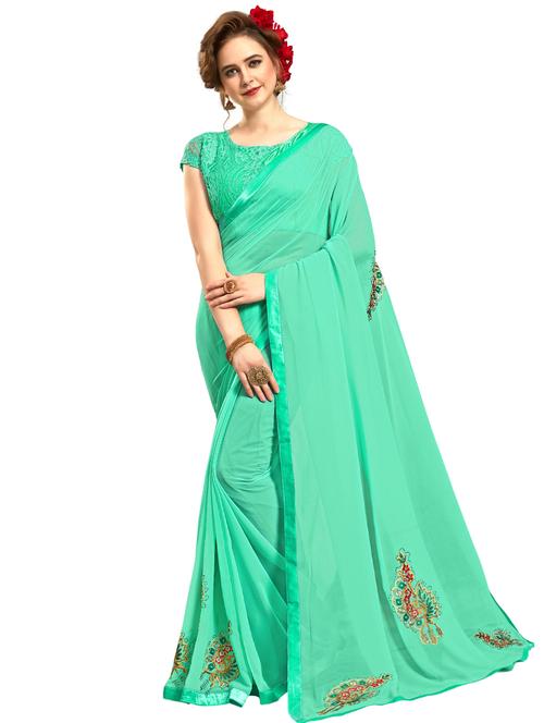 turquoise georgette embroidered saree with blouse - 17134651 - Very Small Image - 1