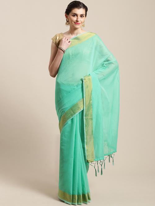 turquoise linen saree with blouse - 17134778 - Very Small Image - 1