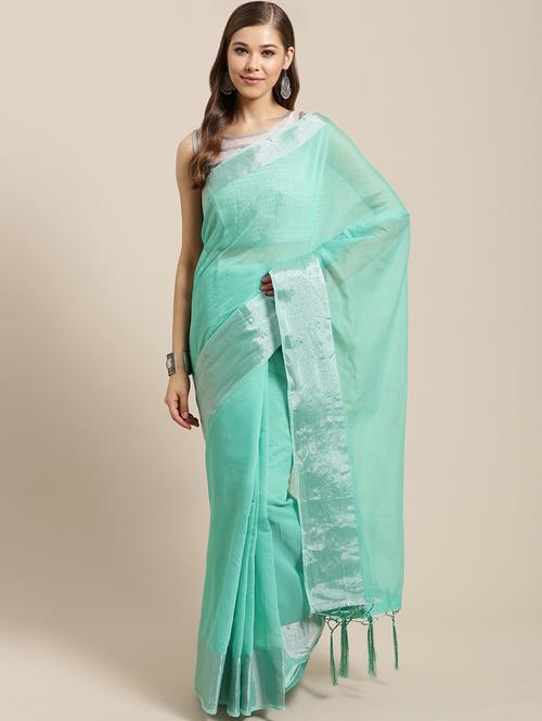 turquoise linen saree with blouse - 17134797 - Very Small Image - 1