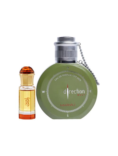 ajmal mukhallat raaqi cp 10ml for unisex and maryaj direction west edp green 100ml for men + 2 parfum testers free - 17135392 - Very Small Image - 1