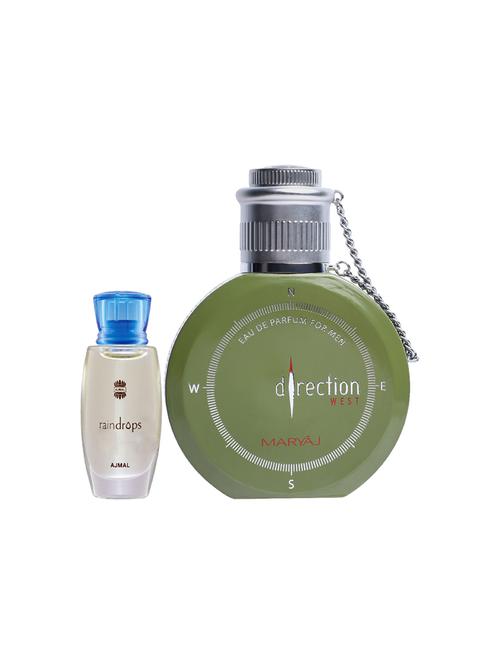 ajmal raindrops cp 10ml for women and maryaj direction west edp green 100ml for men + 2 parfum testers free - 17135396 - Very Small Image - 1
