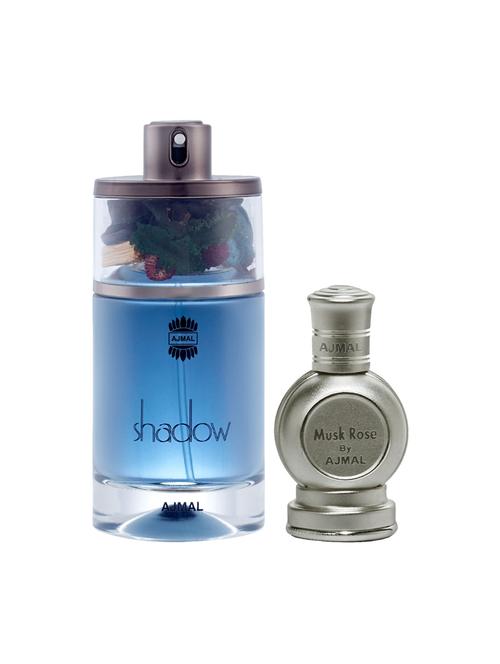 ajmal shadow him edp 75ml for men and rose concentrated oil musky alcohol-free attar 12ml for unisex + 2 parfum testers free - 17135400 - Very Small Image - 1