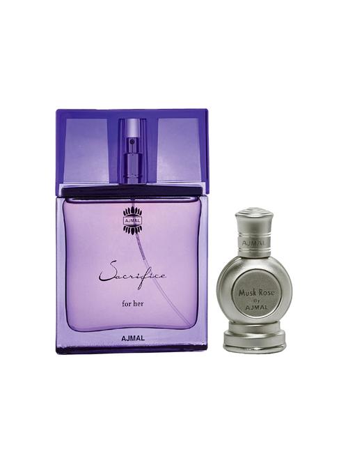 ajmal sacrifice for her edp musky 50ml for women and rose cp musky alcohol-free attar 12ml for unisex + 2 parfum testers free - 17135401 - Very Small Image - 1