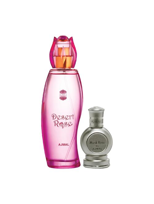 ajmal desert rose edp 100ml for women and rose cp musky alcohol-free attar 12ml for unisex + 2 parfum testers free - 17135411 - Very Small Image - 1