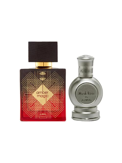 ajmal amber magic edp 100ml for men and rose cp musky alcohol-free attar 12ml for unisex + 2 parfum testers free - 17135414 - Very Small Image - 1