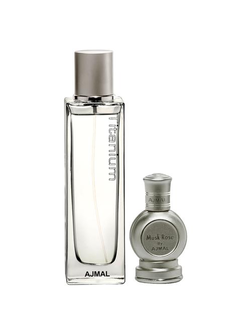 ajmal titanium edp 100ml for men and rose concentrated oil musky alcohol-free attar 12ml for unisex + 2 parfum testers free - 17135418 - Very Small Image - 1