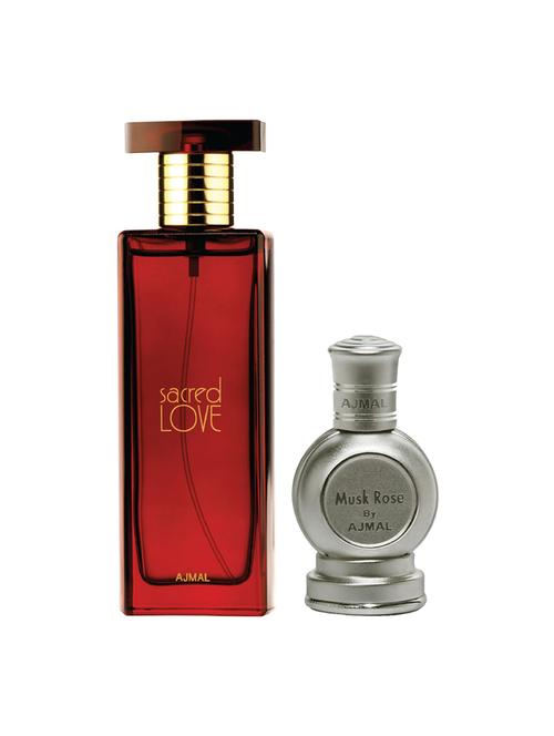 ajmal sacred love edp musky 50ml for women and rose cp musky alcohol-free attar 12ml for unisex + 2 parfum testers free - 17135420 - Very Small Image - 1
