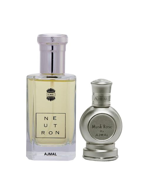 ajmal neutron edp 100ml for men and rose concentrated oil musky alcohol-free attar 12ml for unisex + 2 parfum testers free - 17135422 - Very Small Image - 1