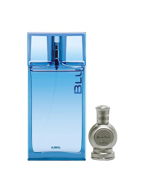 ajmal blu edp 90ml for men and musk rose concentrated oil musky alcohol-free attar 12ml for unisex + 2 parfum testers free - 17135425 - Very Small Image - 1