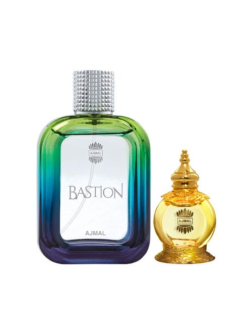 ajmal bastion edp 100ml for men and mukhallat al wafa cp musky alcohol-free attar 12ml for unisex + 2 parfum testers free - 17135429 - Very Small Image - 1