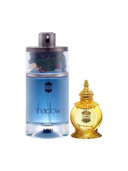 ajmal shadow him edp 75ml for men and mukhallat al wafa cp musky alcohol-free attar 12ml for unisex + 2 parfum testers free - 17135431 - Very Small Image - 1