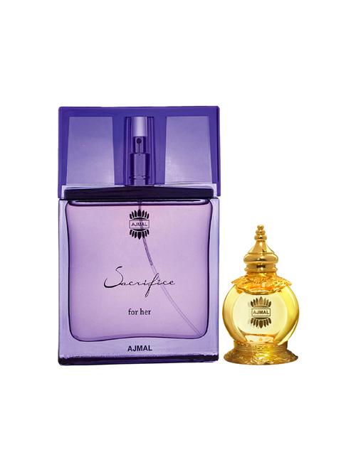 ajmal sacrifice for her edp 50ml for women and mukhallat al wafa cp 12ml for unisex + 2 parfum testers free - 17135432 - Very Small Image - 1