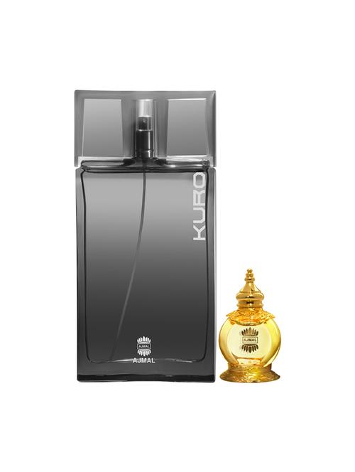 ajmal kuro edp 90ml for men and mukhallat al wafa cp musky alcohol-free attar 12ml for unisex + 2 parfum testers free - 17135440 - Very Small Image - 1