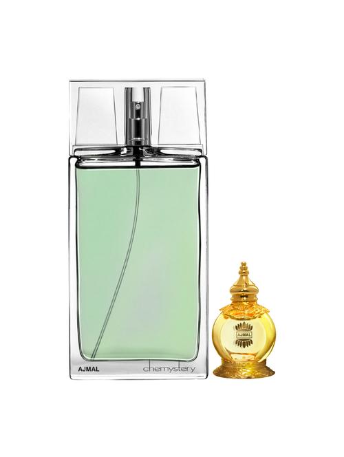 ajmal chemystery edp 90ml for men and mukhallat al wafa cp musky alcohol-free attar 12ml for unisex + 2 parfum testers free - 17135443 - Very Small Image - 1